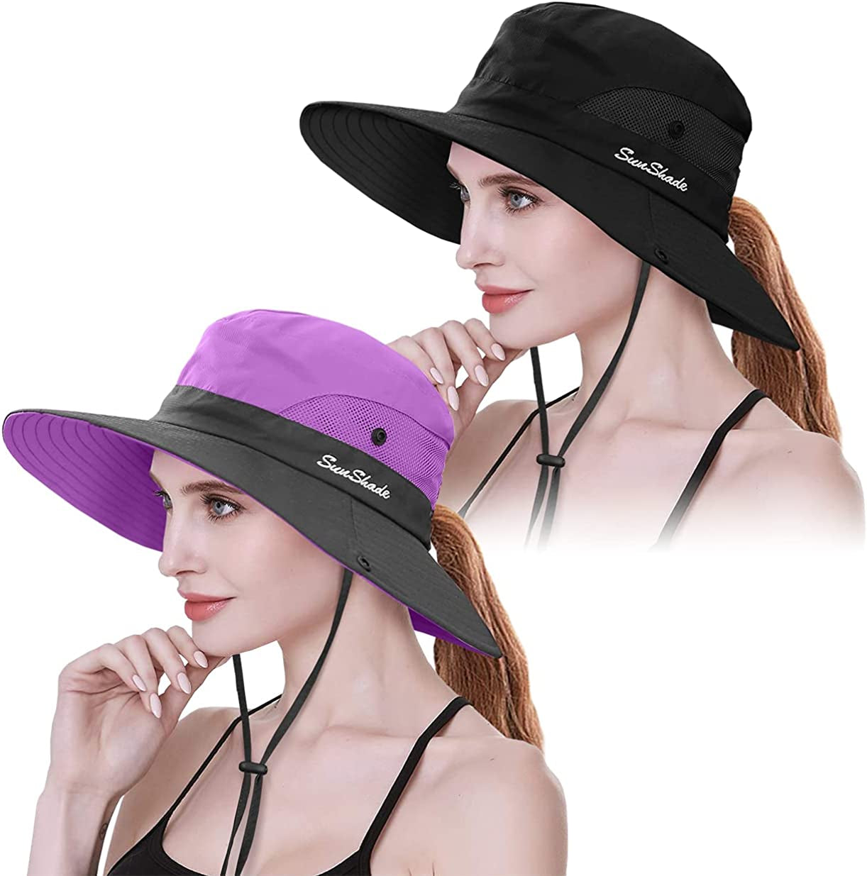 IYEBRAO 2 Pack Womens Ponytail Sun Hat UV Protection Bucket Hats Foldable Wide Brim Summer Boonie Beach Cap Fishing Hiking Apparel & Accessories > Clothing Accessories > Hats 29 IYEBRAO Black & Purple  