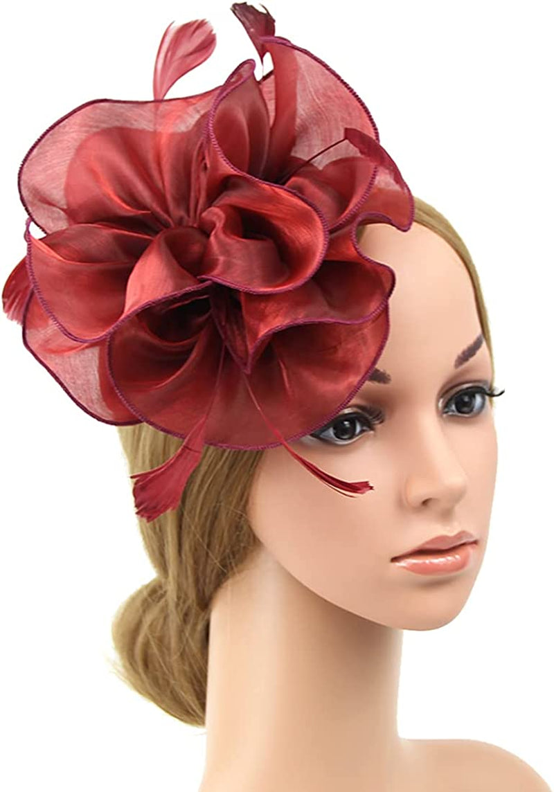 Women Flower Fascinator Hat Wedding Bridal Fascinators Tea Party Hat Feather Fascinator Headband Headwear for Evening Church Apparel & Accessories > Clothing Accessories > Headwear STbest Wine  