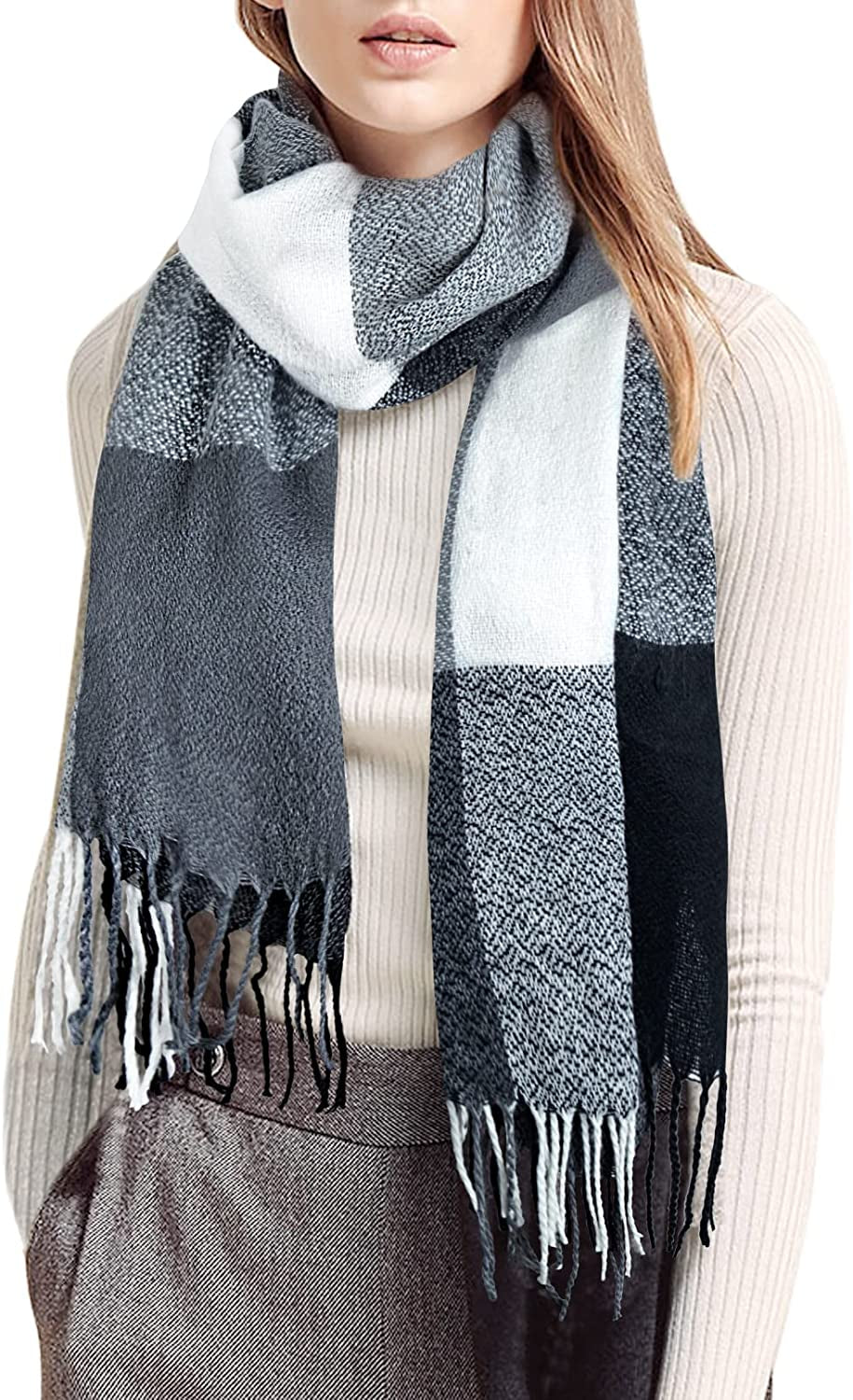 Loritta Womens Scarf Fashion Long Plaid Shawls Wraps Big Grid Winter Warm Lattice Large Scarves Gifts Apparel & Accessories > Clothing Accessories > Scarves & Shawls Loritta Q-dark Grey White Lattice  