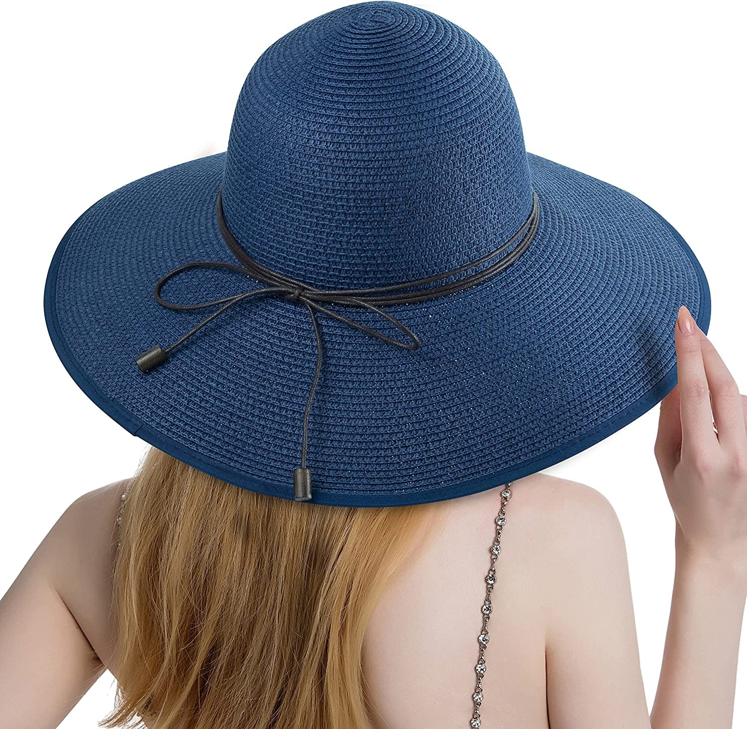 Koreshion Women Summer Wide Brim Straw Hat Beach Foldable Sun Hats Floppy Roll up Cap Uv UPF 50+ Caps Apparel & Accessories > Clothing Accessories > Hats Koreshion Dark Blue  