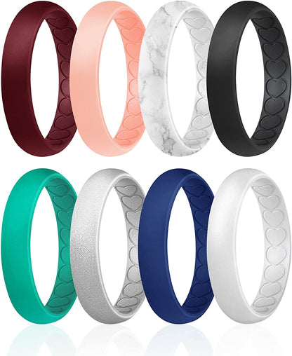 ROQ Silicone Wedding Bands for Women - Breathable Thin Inner Hearts Unique Design Womens Silicone Rubber Ring - Bridal Jewelry Set Anniversary Rings - U.S. Design Patent Pending Apparel & Accessories > Jewelry > Body Jewelry ROQ Bordeaux, Rose Gold, Marble White with Black, Black, Teal, Silver, Blue, White 5 - 5.5 (15.7mm) 