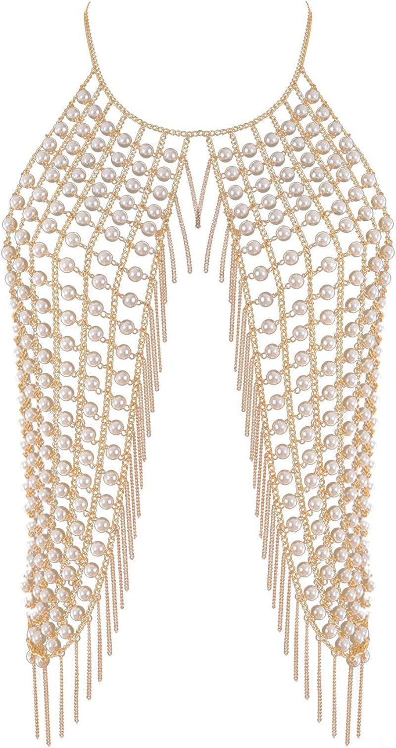 Ingemark Harness Waist Bikini Chain Shirt Bra Body Chain Outfits Bralette for Women Gold Silver Sequin Halter Backless Tank Top Bra Apparel & Accessories > Jewelry > Body Jewelry ZLZL Pearl Body Chain  