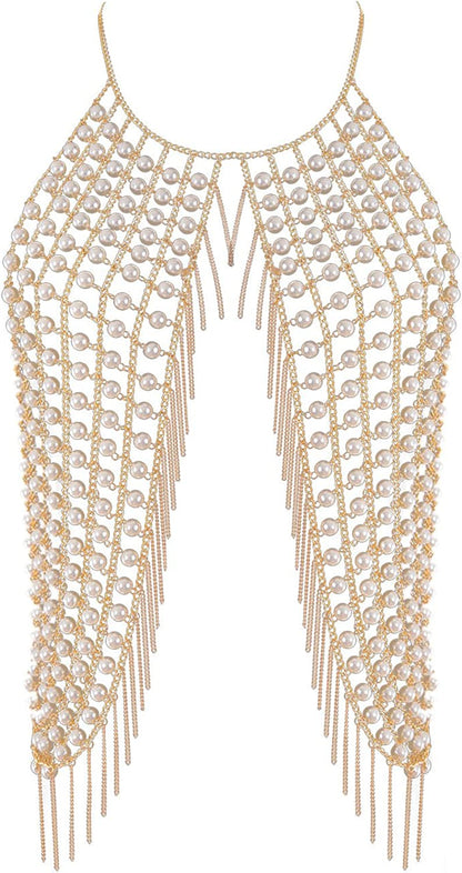 Ingemark Harness Waist Bikini Chain Shirt Bra Body Chain Outfits Bralette for Women Gold Silver Sequin Halter Backless Tank Top Bra Apparel & Accessories > Jewelry > Body Jewelry ZLZL Pearl Body Chain  