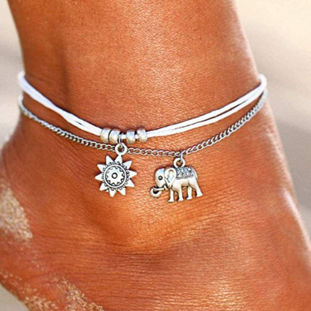 Jeweky Vintage Layered Ankle Bracelets Sunflower Silver Anklets Chain Elephant Beach Foot Jewelry for Women and Girls Apparel & Accessories > Jewelry > Anklets Jeweky   
