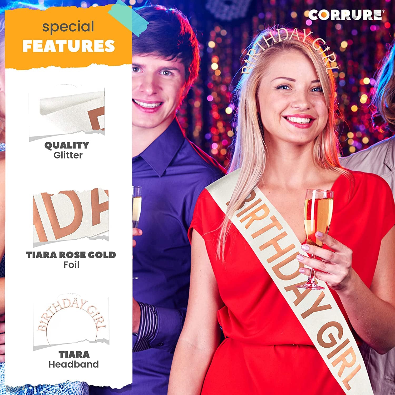 CORRURE 'Birthday Girl' Sash and Headband Tiara - White Glitter with Rose Gold Foil Happy Birthday Sash and Tiara for Women - Party Favors Supplies and Decorations for 18Th 21St 30Th 40Th Bday Party Apparel & Accessories > Clothing Accessories > Sashes Pego Brands General   