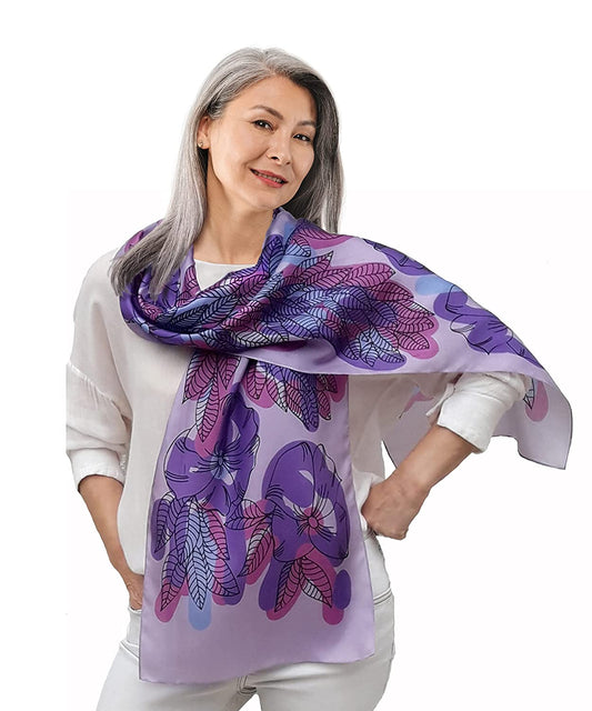 Artistic Hand Painted Long Silk Scarf for Women Fashion Boho Wrap Floral Patterns Trendy Purple Pink Neck Scarfs Unique Designer Shawl Womens Birthday Gift Mother Day Gift Handmade Gifts for Her Apparel & Accessories > Clothing Accessories > Scarves & Shawls Generic   