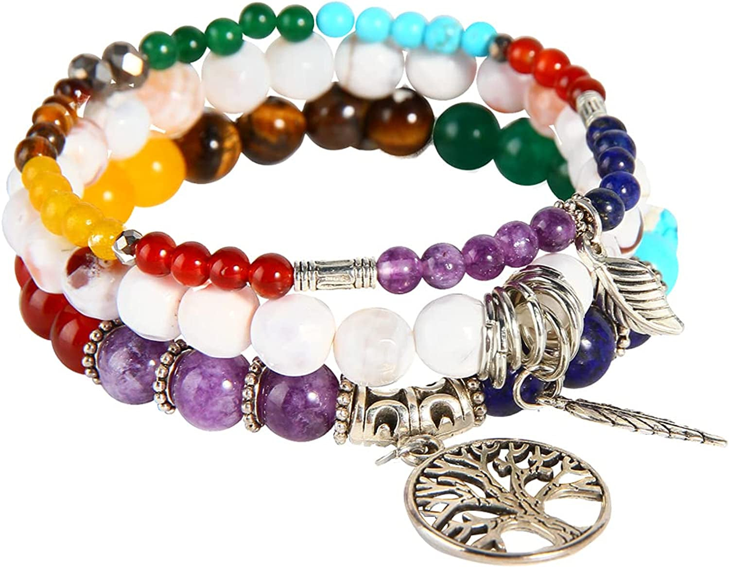 Tree of Life Turquoise Jasper & Tibetan Agate Gemstone Chakra Beaded Bracelet | Beach Charm Bracelet Set - Ocean Jewelry…… Apparel & Accessories > Jewelry > Bracelets Jardme 7 Chakra  