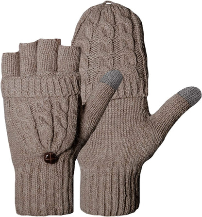 Winter Gloves Warm Wool Knit Flip Fingerless Gloves Mittens for Women Gifts Apparel & Accessories > Clothing Accessories > Gloves & Mittens Loritta F- Khaki  