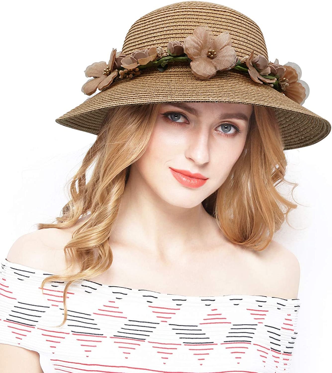 Lovful Fashion Flower Lace Ribbon Wide Brim Caps Summer Beach Sun Protective Hat Straw Hats for Women Apparel & Accessories > Clothing Accessories > Hats KYLIE MAX Khaki  