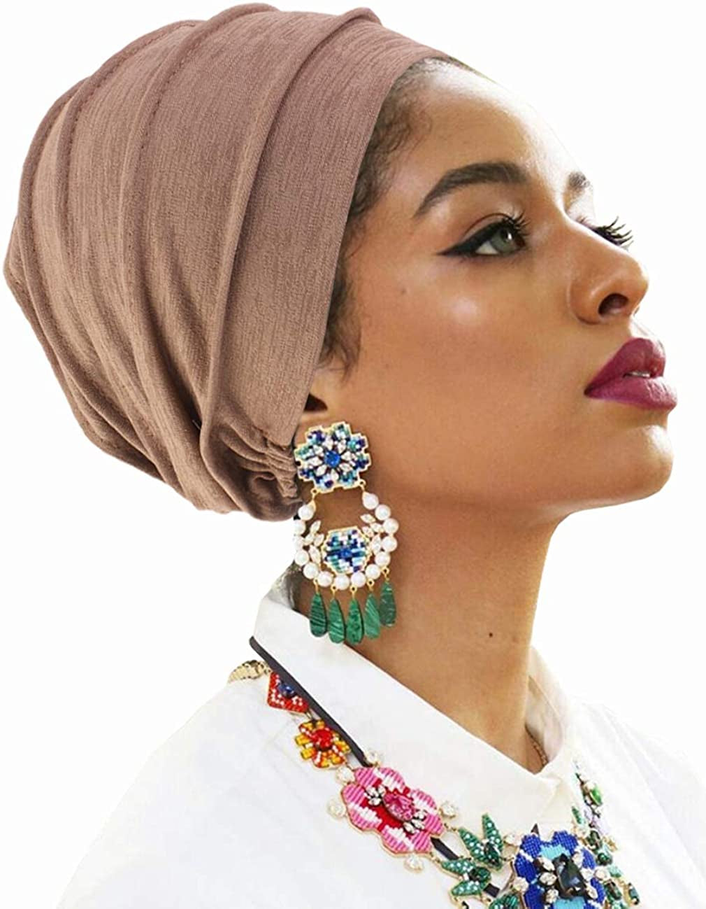 Pleated Chemo Cotton Turban Hat Alopecia Headwear Bald Head Cap for Cancer Covers Women Scarf Apparel & Accessories > Clothing Accessories > Headwear Harewom Brown One Size-Large 