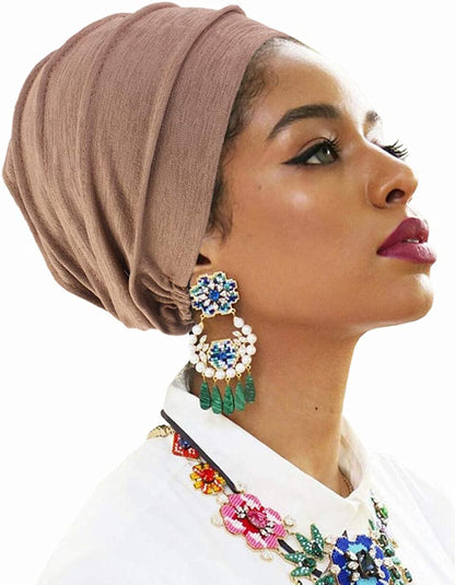 Pleated Chemo Cotton Turban Hat Alopecia Headwear Bald Head Cap for Cancer Covers Women Scarf Apparel & Accessories > Clothing Accessories > Headwear Harewom Brown One Size-Large 