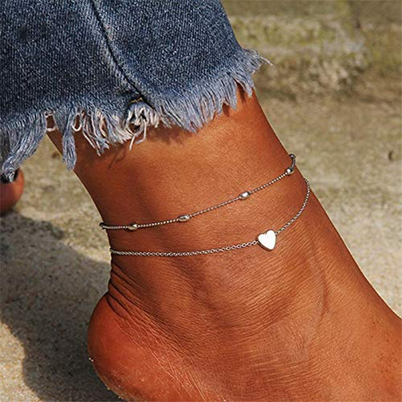 Artmiss Layered Anklets Women Heart Silver Ankle Bracelet Charm Beaded Dainty Foot Jewelry for Women and Teen Girls Summer Barefoot Beach Anklet Apparel & Accessories > Jewelry > Anklets Artmiss   