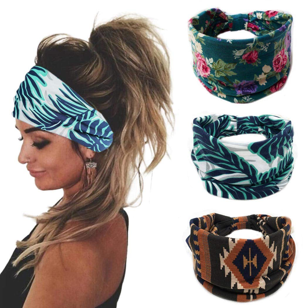 Bohend Boho Headbands Wide Knotted Hair Bands Fashion Printing Bandeau Travel Stretchy Cotton Headband Sport Yoga Hair Accessories for Women and Girls (A) Apparel & Accessories > Clothing Accessories > Bandanas & Headties Bohend G  