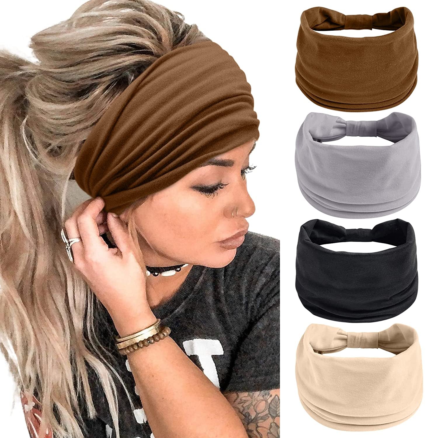 Wide Headbands for Women Black Stylish Head Wraps Boho Thick Hairbands Large African Sport Yoga Turban Headband Hair Accessories (Pack of 4) Apparel & Accessories > Clothing Accessories > Bandanas & Headties Huachi Headbands 1  