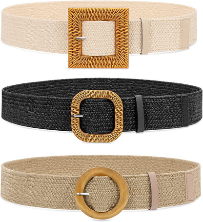 Set of 4 Straw Woven Elastic Stretch Waist Belts for Women, Fashion Boho Ladies Braided Skinny Dress Belt by WHIPPY Apparel & Accessories > Clothing Accessories > Belts WHIPPY 4-black/Sand/Khaki Fit Waist up to 40" 