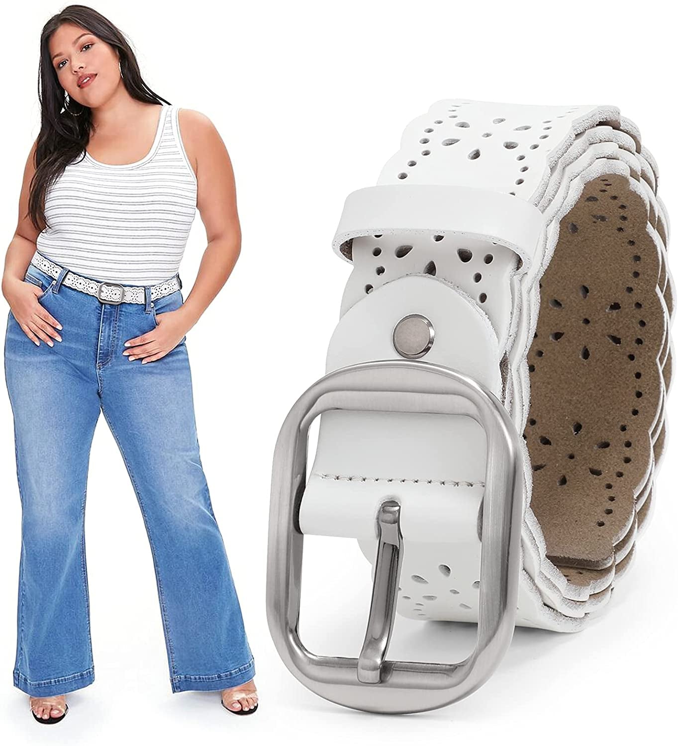 JASGOOD Women'S plus Size Belt, Hollow Flower Leather Belt for Jeans Pants Wide Belt with Metal Buckle Apparel & Accessories > Clothing Accessories > Belts KYLIE MAX D-white Suitable for pant size 43-49" 