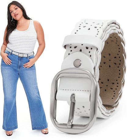 JASGOOD Women'S plus Size Belt, Hollow Flower Leather Belt for Jeans Pants Wide Belt with Metal Buckle Apparel & Accessories > Clothing Accessories > Belts KYLIE MAX D-white Suitable for pant size 43-49" 