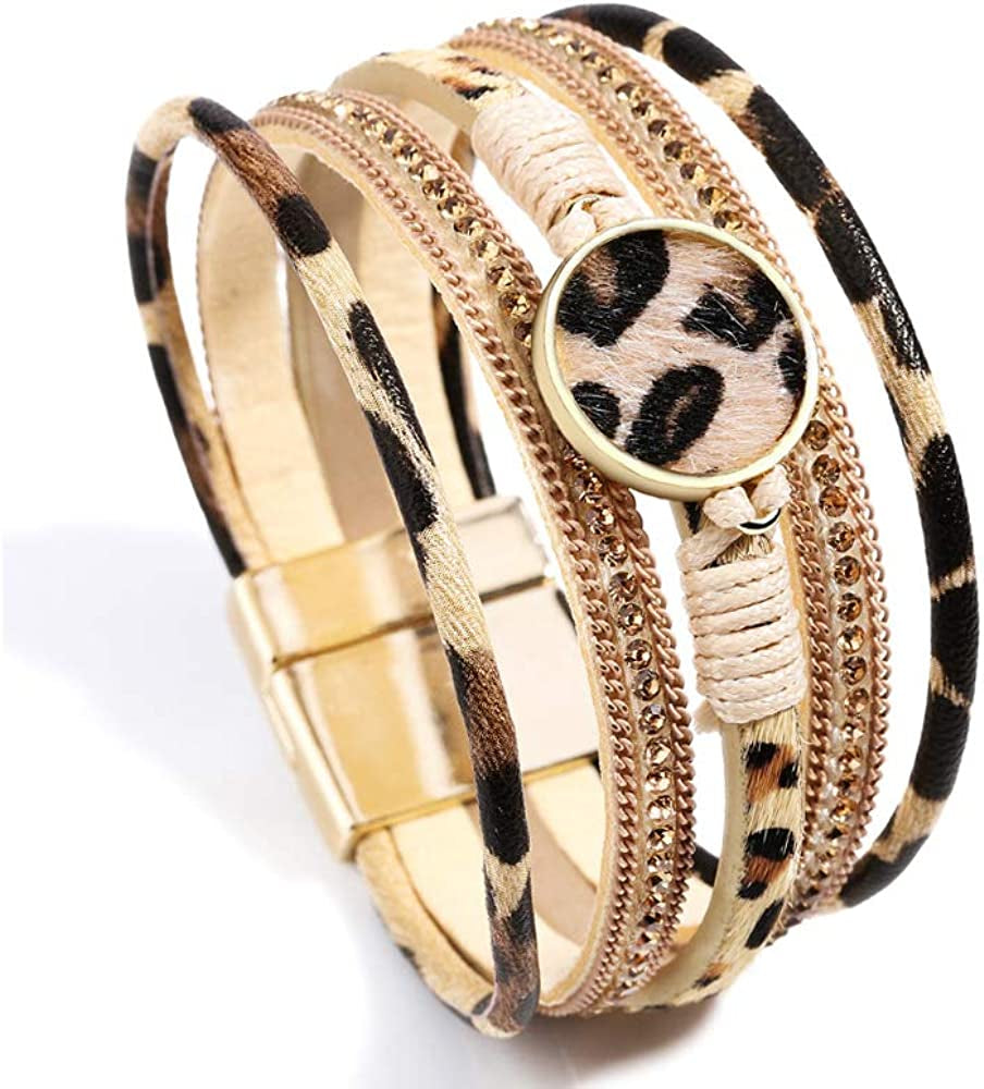 Fesciory Leopard Bracelet for Women Wrap Multi-Layer Leather Bracelet Magnetic Clasp Cuff Bangle Jewelry Apparel & Accessories > Jewelry > Bracelets Fesciory A6-Khaki Leopard  