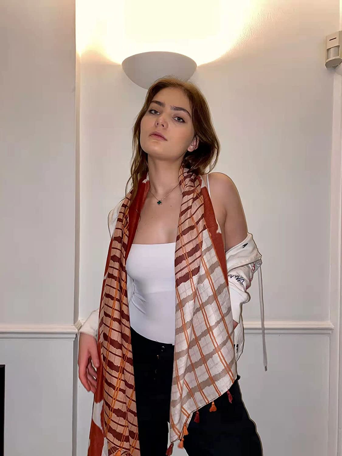 FRAIFICE Lightweight Scarf for Women for Spring Summer Fall Geometric Scarves Shawl Wrap Pashimina with Tassels Apparel & Accessories > Clothing Accessories > Scarves & Shawls FRAIFICE   