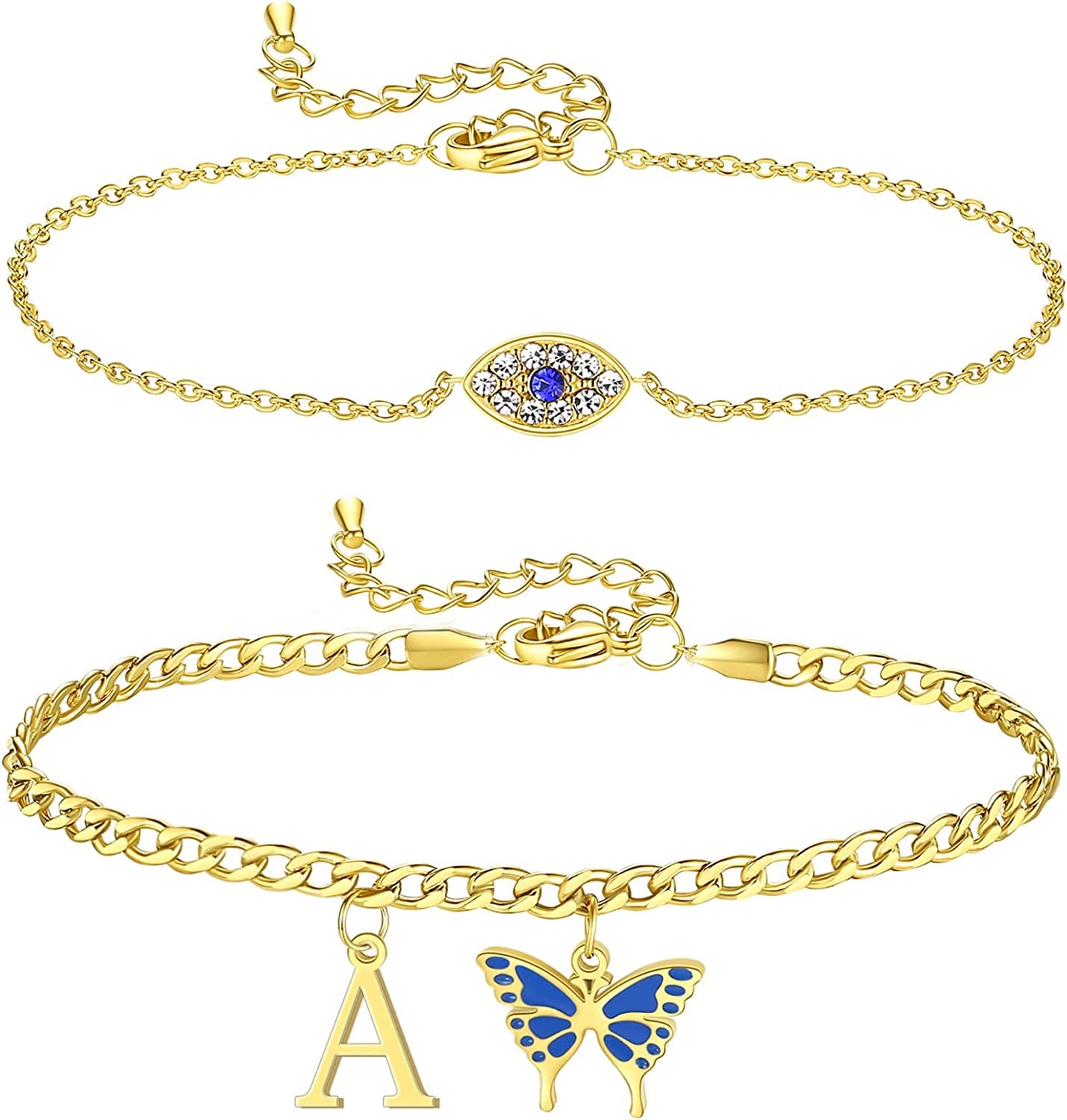 SAM & LORI 2 Pcs Anklets Set 18K Gold Plated Dainty Layered Personalized Initial Anklets Bracelets - Blue Butterfly - Sparkling CZ Evil Eye - Adjustable Summer Jewelry for Women Teen Girls Apparel & Accessories > Jewelry > Anklets SAM & LORI "Butterfly Evil Eye - A  