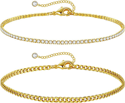 HAXIYA Ankle Bracelets for Women, 14K Gold Plated Adjust Beach Anklet, Cuban Link Chain, Beaded Anklet, Diamond Anklet, Figaro Chain, Water Proof for Summer Apparel & Accessories > Jewelry > Anklets HAXIYA Cuban-2  