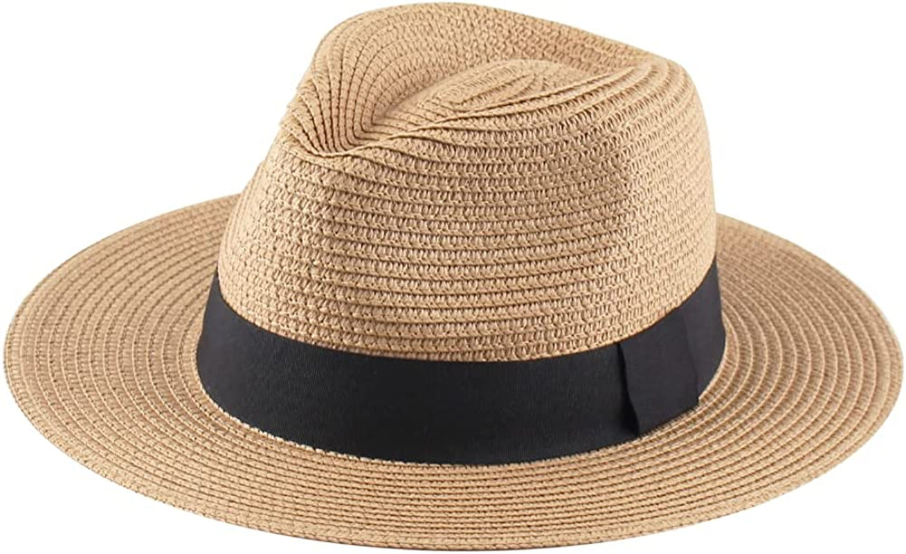 Panama Straw Hats for Women Summer Beach Sun Hat Wide Brim Fedora Cap UPF50+ Apparel & Accessories > Clothing Accessories > Hats KYLIE MAX B01-brown  