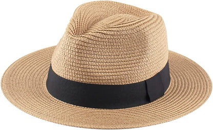 Panama Straw Hats for Women Summer Beach Sun Hat Wide Brim Fedora Cap UPF50+ Apparel & Accessories > Clothing Accessories > Hats KYLIE MAX B01-brown  