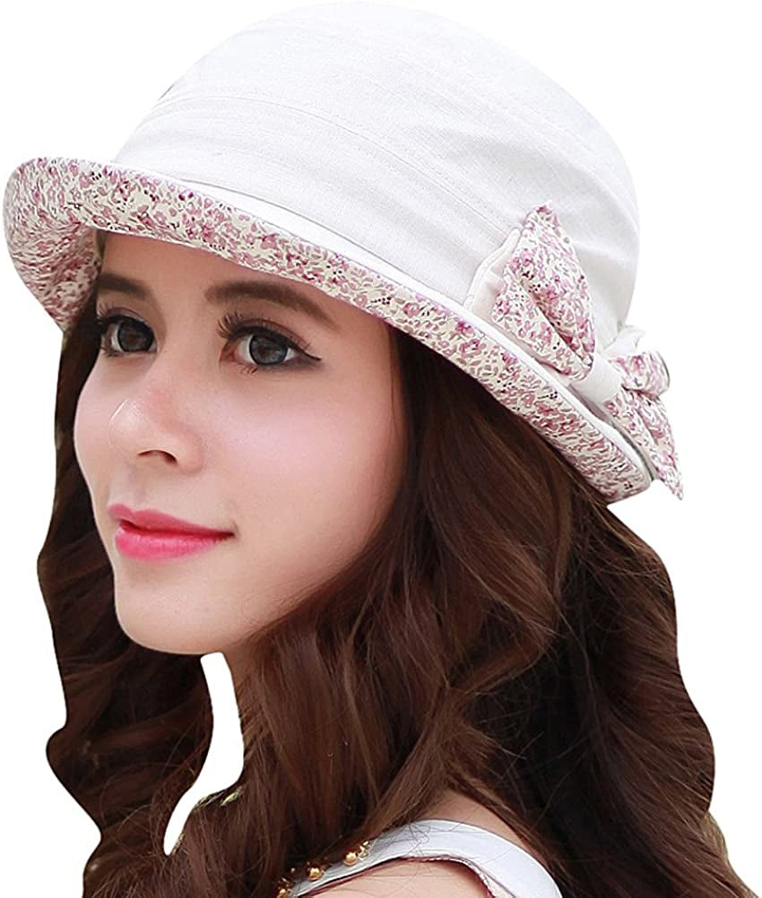 CACUSS Women'S Foldable Floral Bucket Hat Rolled Brim with Bowknot Apparel & Accessories > Clothing Accessories > Hats CACUSS Beige  