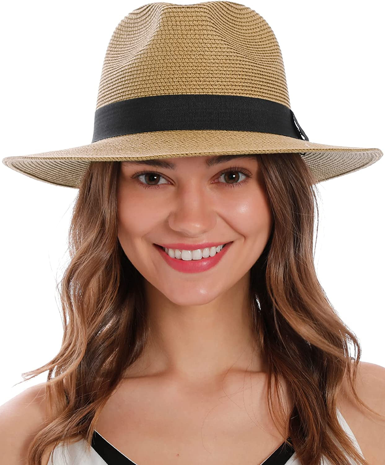 Simplicity Mens Women'S Wide Brim Straw Panama Sun Hat Apparel & Accessories > Clothing Accessories > Hats Simplicity Light Brown/Black Thread Belt  