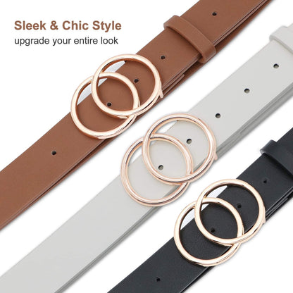 Women Leather Belt Fashion Double O-Ring Soft Faux Leather Waist Belts for Jeans Dress Apparel & Accessories > Clothing Accessories > Belts SUOSDEY   