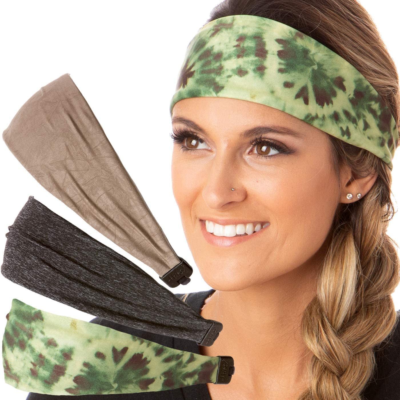 Hipsy Adjustable & Stretchy Printed Xflex Wide Headbands for Women Girls & Teens Apparel & Accessories > Clothing Accessories > Bandanas & Headties Hipsy Olive Tie Dye/Charcoal/Taupe Xflex 3pk  