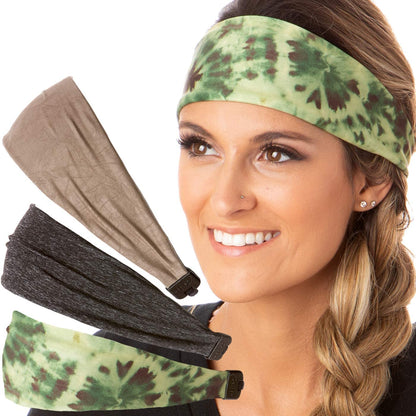 Hipsy Adjustable & Stretchy Printed Xflex Wide Headbands for Women Girls & Teens Apparel & Accessories > Clothing Accessories > Bandanas & Headties Hipsy Olive Tie Dye/Charcoal/Taupe Xflex 3pk  
