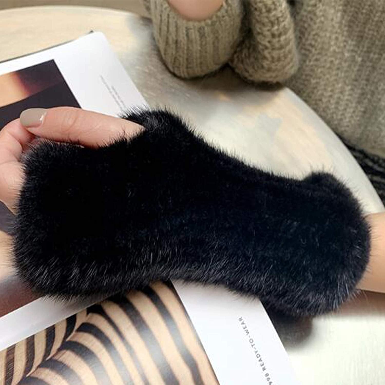 Valpeak Womens Winter Mittens Knitted Mink Fur Gloves Fingerless Arm Warmers Cold Weather Elasticity Apparel & Accessories > Clothing Accessories > Gloves & Mittens Valpeak   