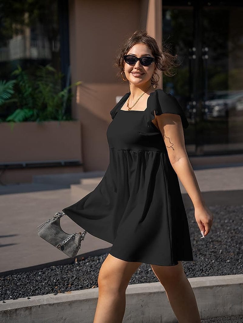 DAAWENXI Women'S plus Size Casual High Waist Short Sleeve Square Neck a Line Mini Dress