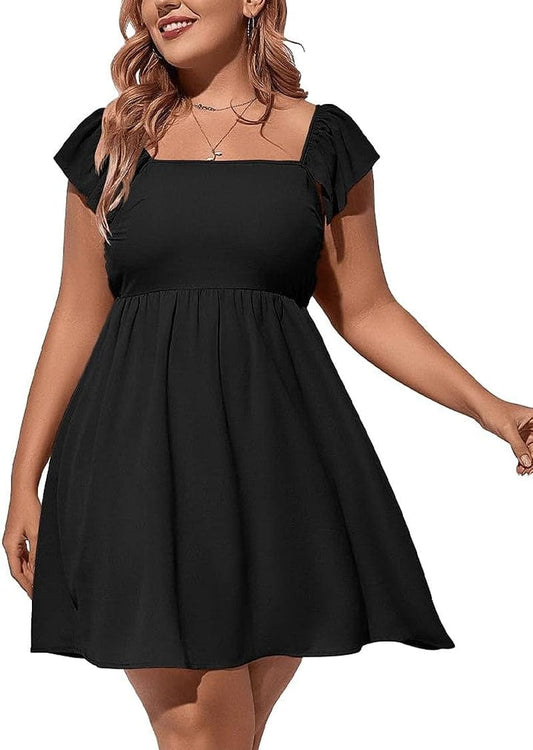 DAAWENXI Women'S plus Size Casual High Waist Short Sleeve Square Neck a Line Mini Dress