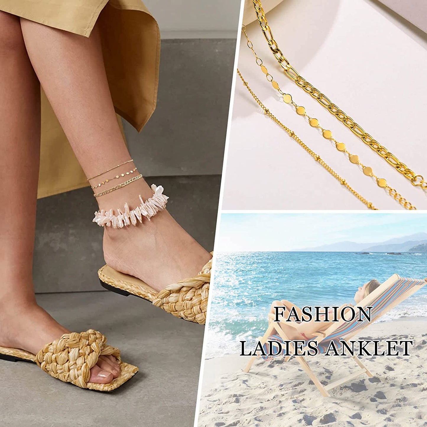 MEALGUET Women Gold Chain Anklet Bracelet : Stylish 18K Gold Plated Stainless Steel Minimalist Boho Style Layered Dainty Ankle Bracelet for Her, Summer Jewelry Gifts for Her Girl Apparel & Accessories > Jewelry > Anklets Mealguet   