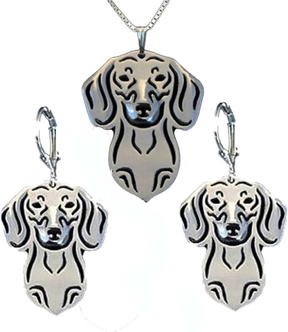 Dachshund Dog Drop Dangle Earrings and Necklace Set for Girls Women by Sterling Silver Cute Puppy Pet Jewelry Set