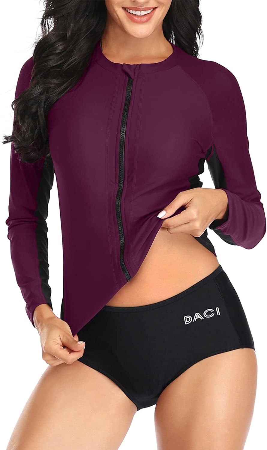Daci Women 2 Piece Rash Guard Zipper Long Sleeve Swimsuit Shirt Bottom Bathing Suit UPF 50