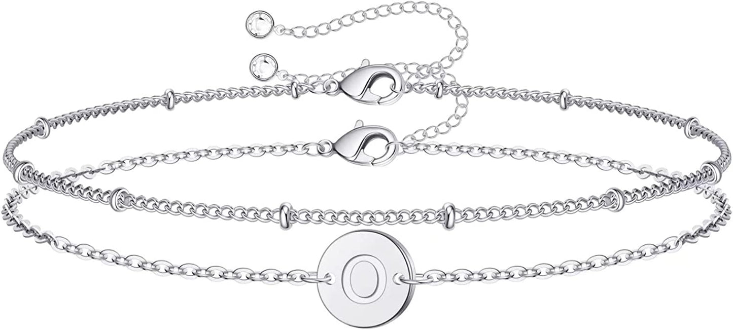 Silver Initial Bracelets for Women Teen Girls, 14K White Gold Filled Layered Letter Initial Bracelet Dainty Disc Initial Charm Bracelets Silver Bracelets for Women Girls Jewelry Gifts for Girls Apparel & Accessories > Jewelry > Bracelets MONOZO O  