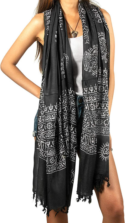 Large Om Scarf Wrap Yoga Soft Cotton Mix Hand Printed Boho Bohemian White Black Yellow Apparel & Accessories > Clothing Accessories > Scarves & Shawls Tribe Azure Black  