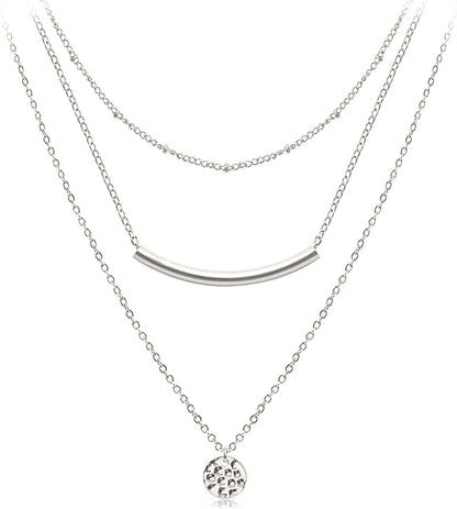 Dainty Layered Choker Necklaces Handmade Coin Tube Star Pearl Pendant Multilayer Adjustable Layering Chain Gold Plated Necklaces Set for Women Girls Silver-Textured Disc&Bar