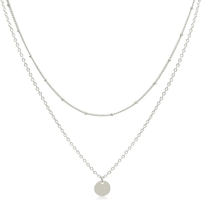 Dainty Layered Choker Necklaces Handmade Coin Tube Star Pearl Pendant Multilayer Adjustable Layering Chain Gold Plated Necklaces Set for Women Girls Silver-Coin necklace