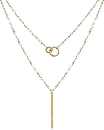 Dainty Layered Choker Necklaces Handmade Coin Tube Star Pearl Pendant Multilayer Adjustable Layering Chain Gold Plated Necklaces Set for Women Girls Golden-Linked Circle&Bar