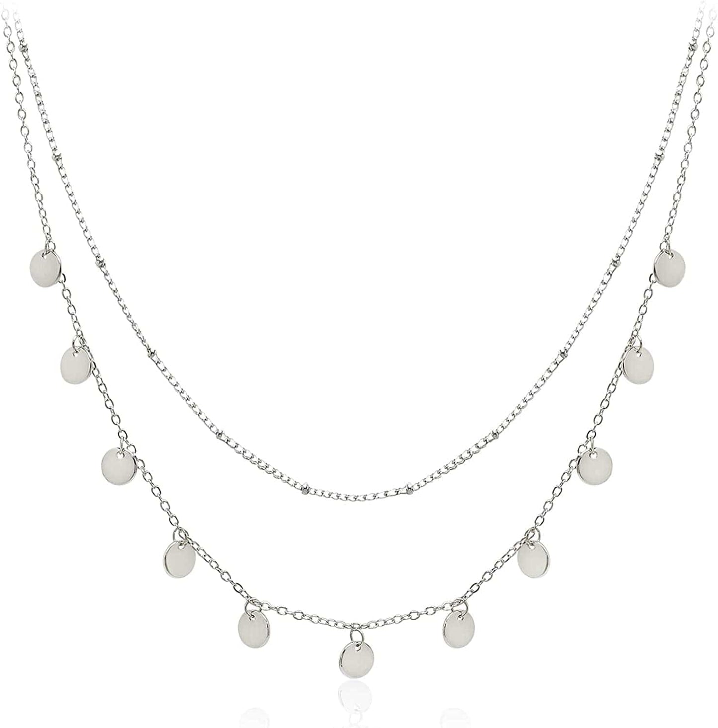 Dainty Layered Choker Necklaces Handmade Coin Tube Star Pearl Pendant Multilayer Adjustable Layering Chain Gold Plated Necklaces Set for Women Girls Silver-Coin Charms