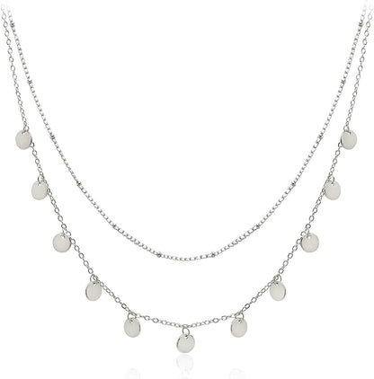 Dainty Layered Choker Necklaces Handmade Coin Tube Star Pearl Pendant Multilayer Adjustable Layering Chain Gold Plated Necklaces Set for Women Girls Silver-Coin Charms