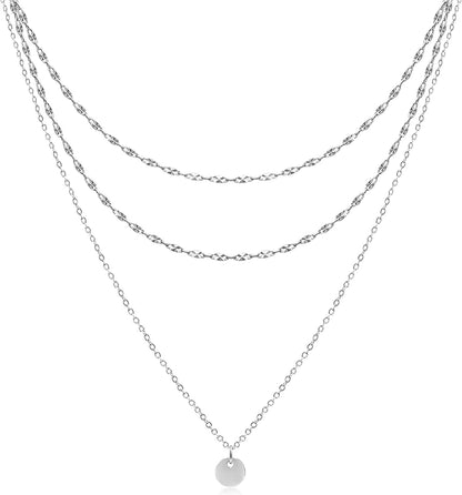 Dainty Layered Choker Necklaces Handmade Coin Tube Star Pearl Pendant Multilayer Adjustable Layering Chain Gold Plated Necklaces Set for Women Girls Silver Bar Chain&Coin