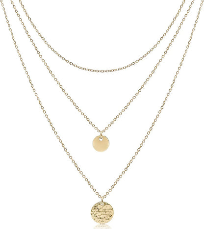 Dainty Layered Choker Necklaces Handmade Coin Tube Star Pearl Pendant Multilayer Adjustable Layering Chain Gold Plated Necklaces Set for Women Girls Golden-Full Moon&Disc