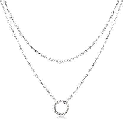 Dainty Layered Choker Necklaces Handmade Coin Tube Star Pearl Pendant Multilayer Adjustable Layering Chain Gold Plated Necklaces Set for Women Girls Silver-Circle Necklace