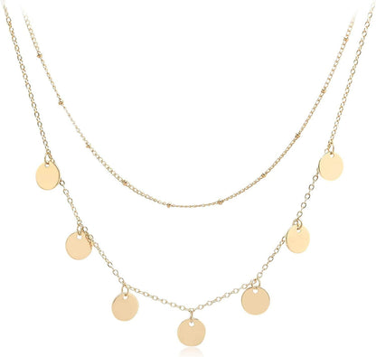 Dainty Layered Choker Necklaces Handmade Coin Tube Star Pearl Pendant Multilayer Adjustable Layering Chain Gold Plated Necklaces Set for Women Girls Gold-Coin Charms