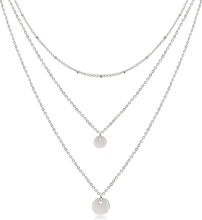 Dainty Layered Choker Necklaces Handmade Coin Tube Star Pearl Pendant Multilayer Adjustable Layering Chain Gold Plated Necklaces Set for Women Girls Silver-Two Disc